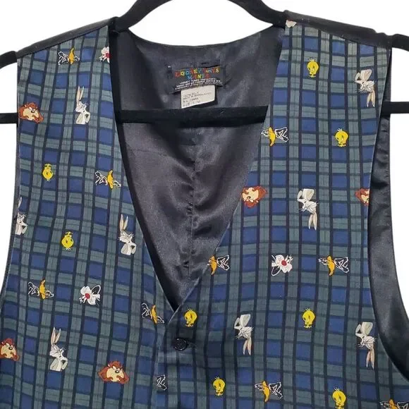 Vintage 1993 Looney Tunes 100% Silk Vest Mania Size S Tweety Bugs Taz Daffy Mens - Picture 2 of 7